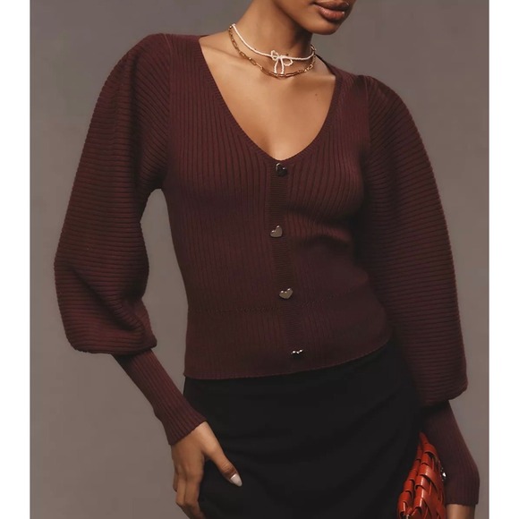 Anthropologie Sweaters - Anthropologie Ribbed Heart Button Cardigan Plum Puff Sleeve‎ Sweater XS NWT